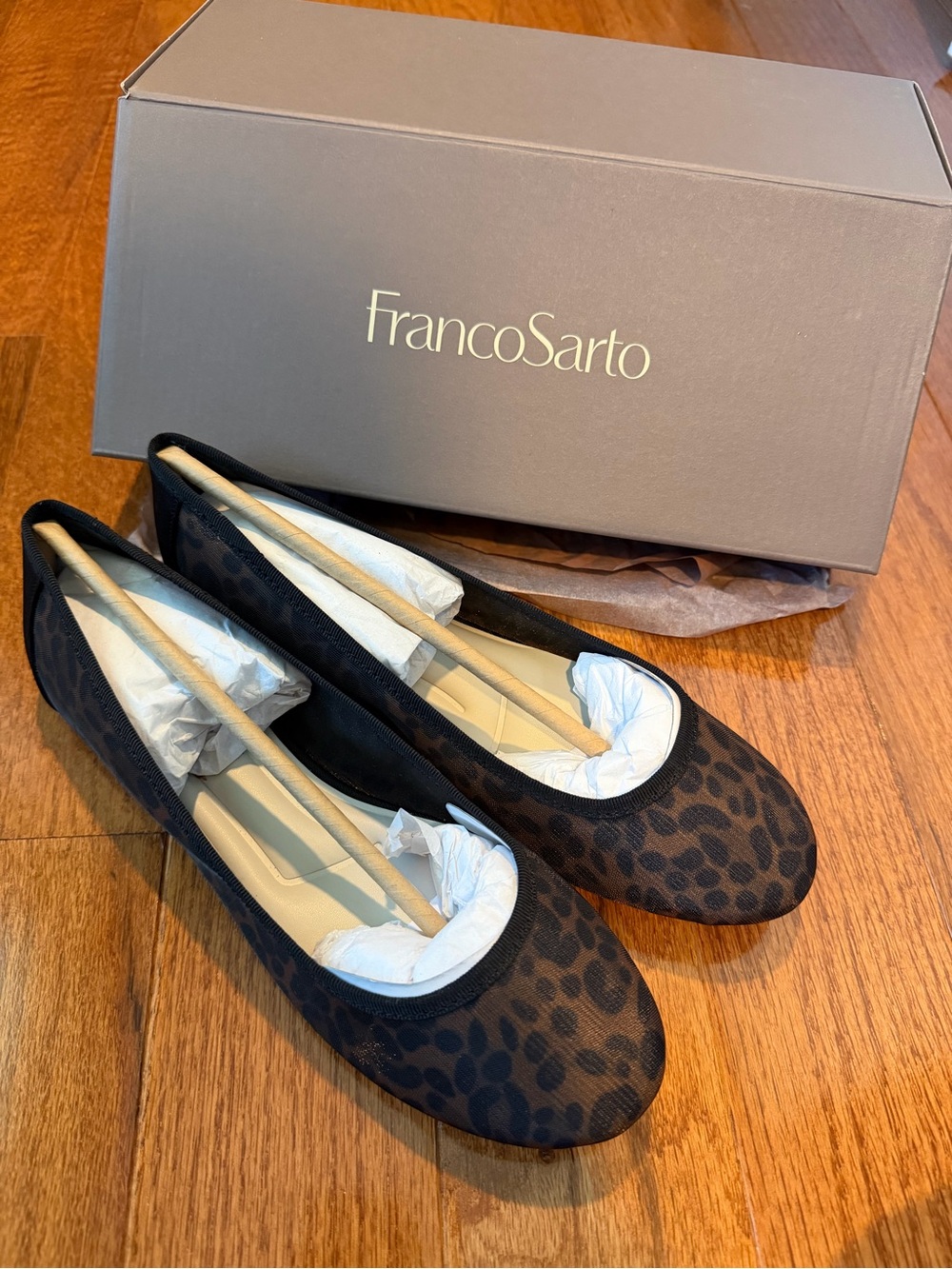 Franco Sarto Black and Brown Leopard-Print Ballet Flats